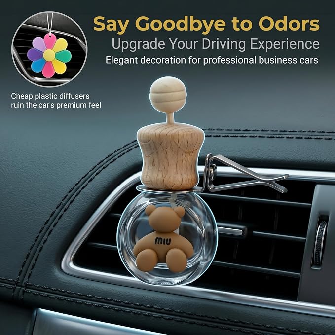 2 Pack Bear Car Vent Clip Diffuser Refillable Empty Glass Bottle | Wood cap glass diffuser with dropper, DIY essential oil freshener for car wardrobe bathroom home