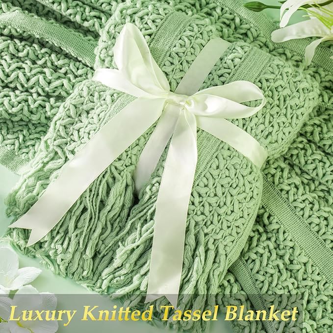 Gift Basket for Women, Self Care Set with Knitted Throw - Care Pkg - Green | for Women Mom Her Friend Sister Wife Grandma Fringe Blanket, Spa Bath Bombs Candle Soap Sea Salt, Birthday Get Well