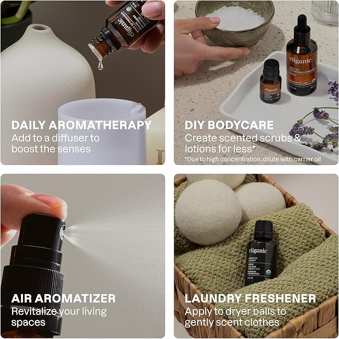 Cliganic Organic Essential Oils Set (Top 5 x 15ml) - 100% Pure Natural - Aromatherapy, Candle Making - Peppermint, Lavender, Eucalyptus, Lemongrass & Orange