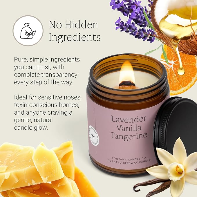 Fontana Candle Co Wood Wick Beeswax Jar Candle, Lavender Vanilla Tangerine – Made Safe with Coconut Oil & Pure Essential Oils – 35+ Hrs Clean Burn, Long Lasting and Non-Toxic Candles for Home & Room