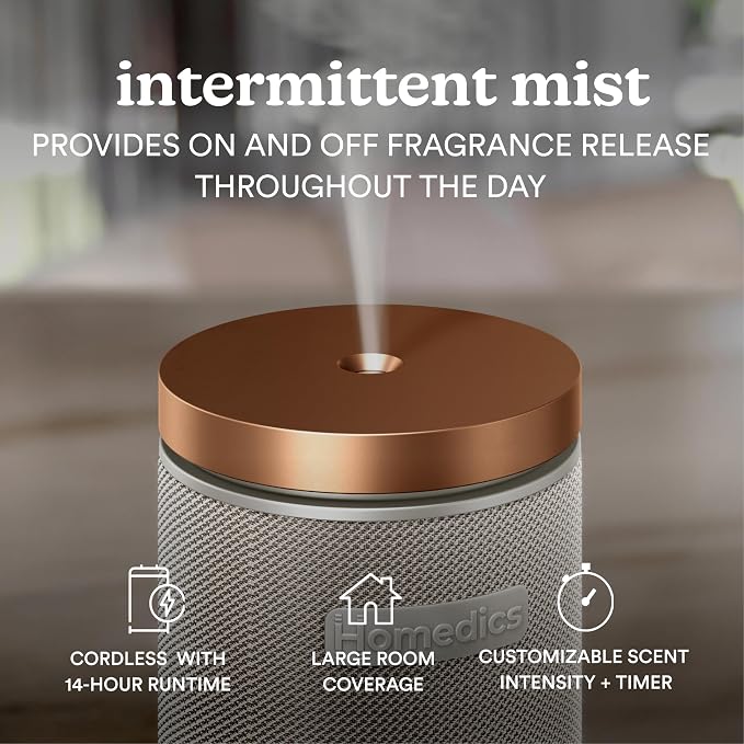 Homedics SereneScent Waterless Essential Oil Diffuser, Cordless Rechargeable Aromatherapy Diffuser for Home, Large Room Scent Machine, Timer, App Control, 6 LED Lights, No Water Needed, Grey