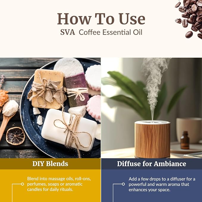 SVA Coffee Essential Oil – 1/3 Fl Oz – 100% Natural Coffee Oil - for Diffuser, Hair Care, Face, Skin Care, Aromatherapy, Scalp and Body Massage, Soap and Candle Making