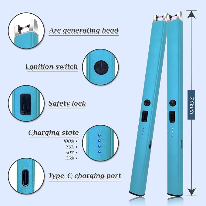 2 PCS Candle Lighter,Windproof Flameless Electric Lighter with LED Power Display ＆ Safety Switch, Upgraded Plasma USB Rechargeable Lighters for Birthday Camping BBQ (Blue)