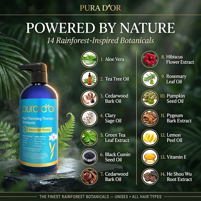 PURA D'OR Hair Thinning Therapy Biotin Shampoo - CLINICALLY TESTED Effective Results, Herbal Blend Hair Thickening Products For Women & Men, Color Safe Routine Shampoo, Herbal Scent 16 Fl Oz