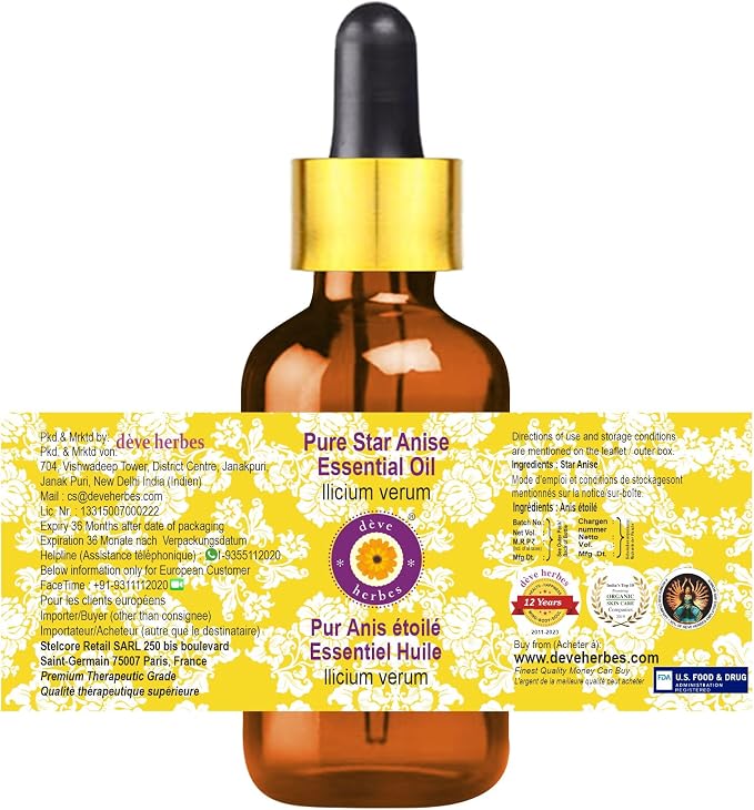 Deve Herbes Pure Star Anise Essential Oil (lllicium verum) with Glass Dropper Steam Distilled (Pack of Two) 100ml X 2 (6.76 oz)