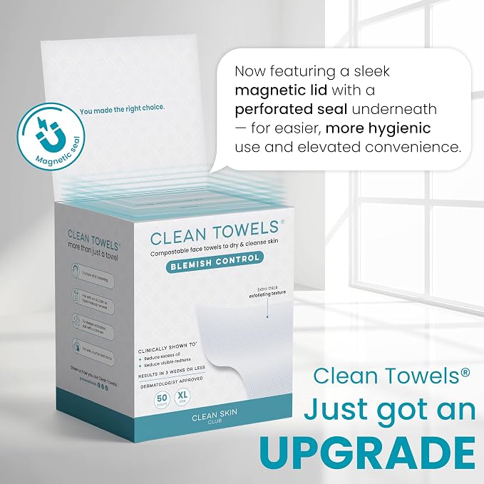 Clean Skin Club Blemish Control Clean Towels® XL, Compostable Face Towels, Eczema Association Accepted Disposable Face Towelette, Makeup Remover Dry Wipes, 2 Packs, 100 Ct Total