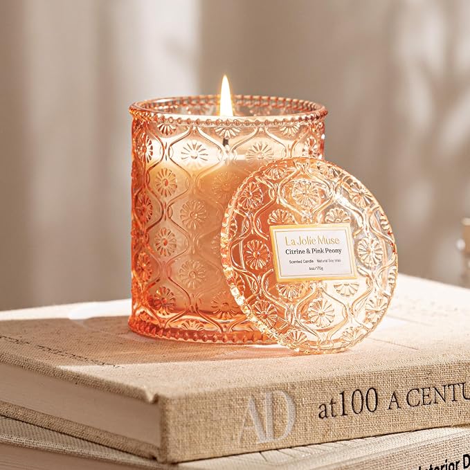 LA JOLIE MUSE Citrine Pink Peony Scented Candles for Home, Soy Wax 40 Hrs | Luxury Jar Candles, Clean Non Toxic, Gift for Women, Decorative Candles for Candle Warmer,Pretty Candle, Floral Citrus