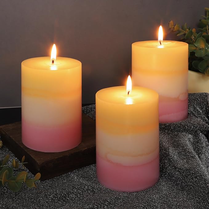 Sweet Scented Candles 3x4 Inch Pillar Candle Honeysuckle Scented Layered Yellow White Pink Aesthetic Decorative Candle for Living Room Bathroom Emergency Spa Aroma Birthday Gift Party Decor, Set of 3