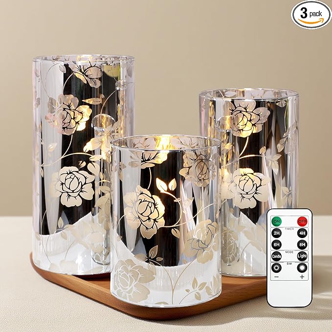 Floral Glass Flameless Candles Rose Romantic Battery Operated Candles with Remote Flickering LED Silver Real Wax Pillar Candle for Valentine's Day Wedding Party Home Christmas Decor, Set of 3