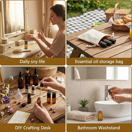 2ML 6PCS Essential Oil Glass Roller Bottles Mini Tiny Refillable Empty Aromatherapy Perfume Liquid Amber Glass Roll On Bottles Vials Metal Rollerball Bottles Jar