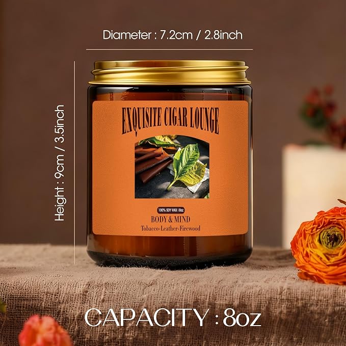 Scented Candles, Tobacco Leather Scented for Men, 8 oz Natural Soy Wax Masculine Scents Candle for Home, Birthdays Gifts for Men, Father, Friends