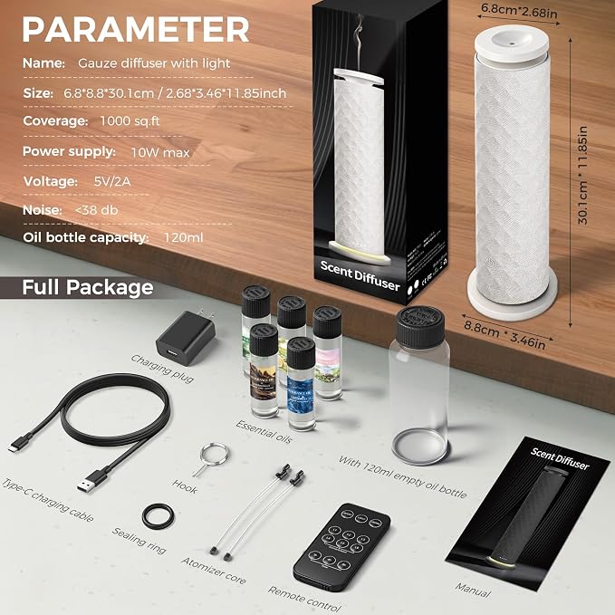 Hotel Scent Diffuser Starter Kit - 1000 Square Feet,7 Ambient Light Settings, Includes 5 Essential Oils for Hotel Aromatherapy, White
