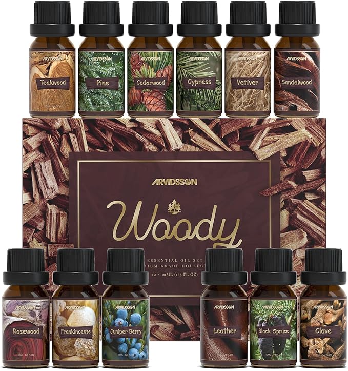 ARVIDSSON Woody Essential Oils Set, Wood Fragrance Oils Gift Set, 12 x 10ml Woodsy Essential Oil for Diffuser - Cedarwood, Sandalwood, Pine, Cypress, Frankincense, Juniper Berry, Clove and More