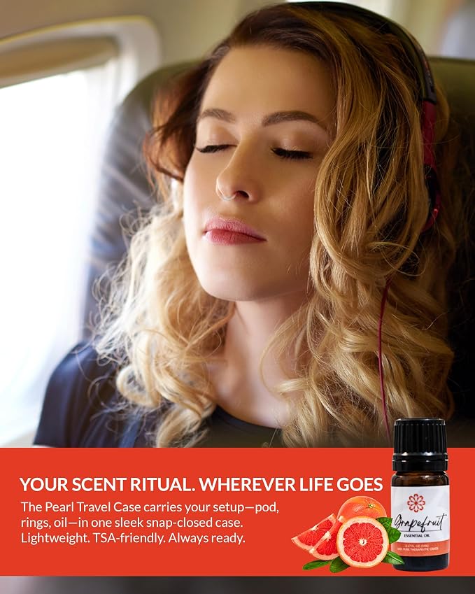 Essence Pearl Travel Case | Grapefruit Essential Oil | Aromatherapy Nasal Diffuser & Essential Oil Carrying Case | Uplifting Citrus Scent | Travel-Friendly Kit | Black Pod