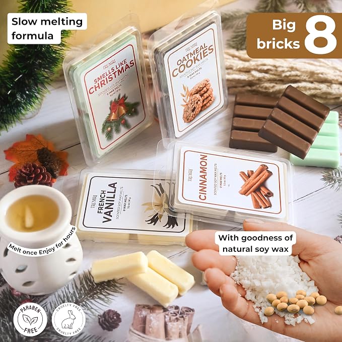 Scented Wax Melts Variety Pack Oatmeal Cookies|Smells Like Christmas|Cinnamon|French Vanilla - Made With Non Toxic Soy Wax And Essential Oils - Long Lasting Scent Pet Safe Candle Wax Cubes For Warmers