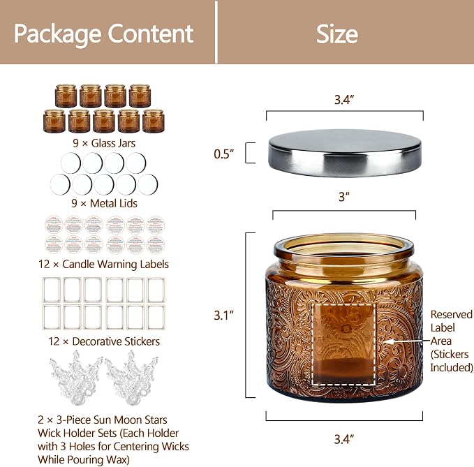 10 oz Mocha Sun Moon Stars Candle Jars with Metal Lids, 9 Pack | Patented Embossed Design, Includes Wick Centering Devices & Warning Labels, Multiple Color Options