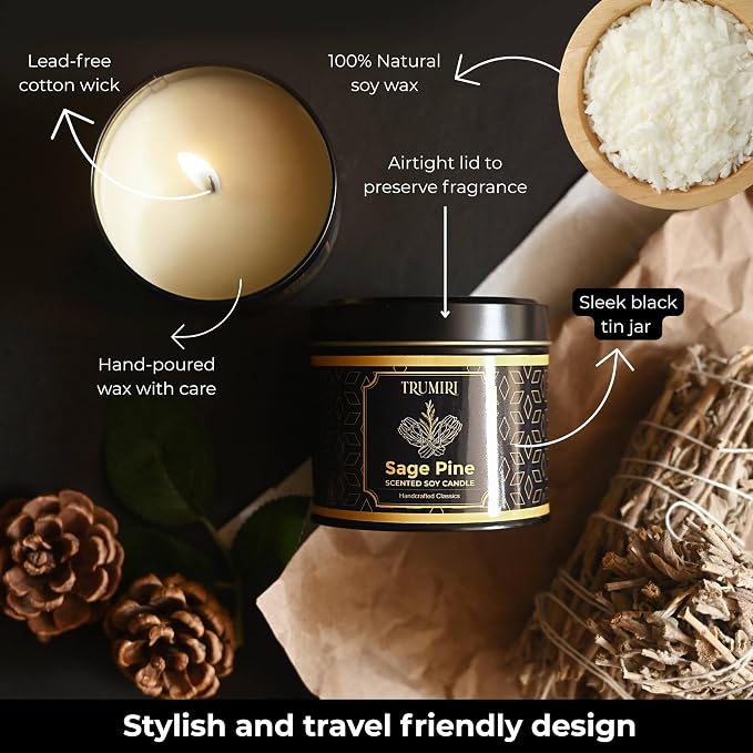 Sage & Pine Candle Strong Scented Soy Candel Natural Non Toxic Velas Aromáticas for Cleansing Gift for Fall Christmas Holidays Pack of 1 5Oz Decorartive Travel Tin