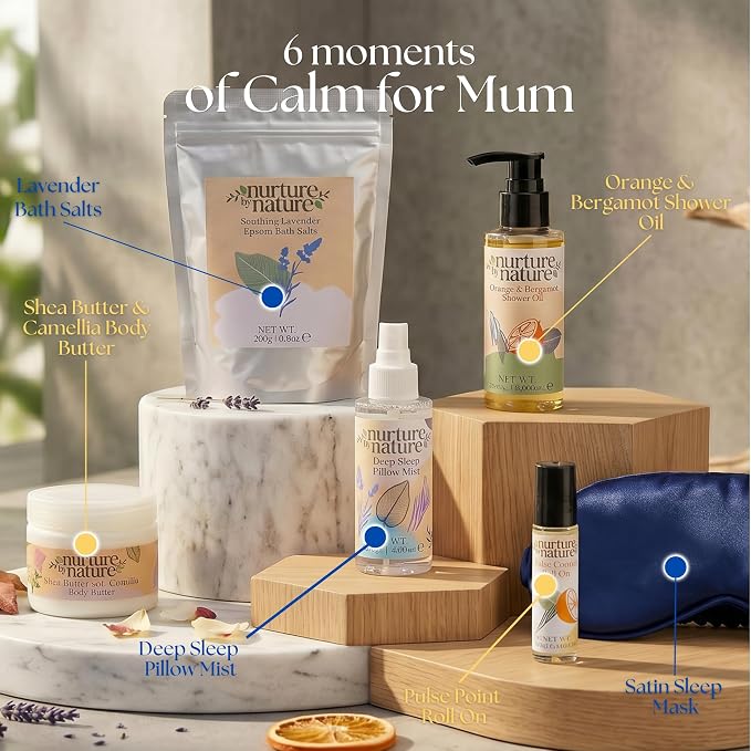 Nurture by Nature New Mom Self Care Gift Set with Body Scrub, Lavender Pillow Spray, Sleep Mask, Body Butter, Shower Gel & Bath Salts - Vegan Friendly - Stocking Stuffer, Baby Shower Gift Basket