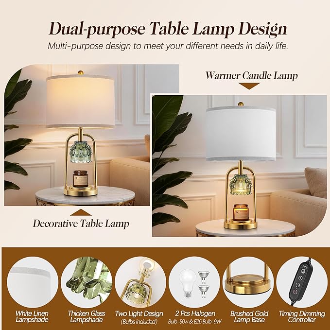 QiMH Candle Warmer Lamp with Timer Dimmer, Modern Table Lamp Wax Warmer for Scented Wax Jar, Glass Lamp Candle Warmer with 2 Bulbs, Women Gifts, House Warming Gifts, Home Decor, Brushed Gold Green