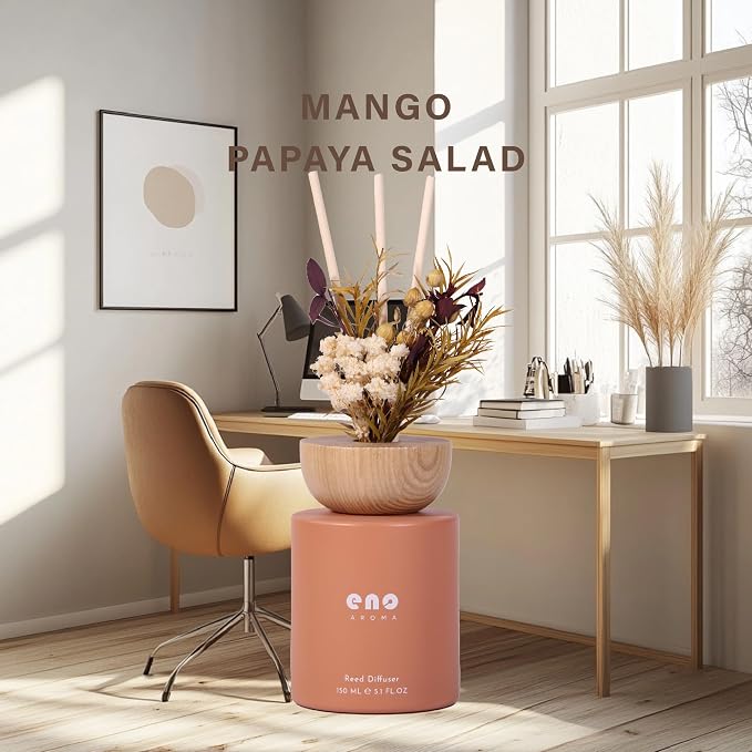 Reed Diffuser Set with Dried Flowers, 5.1 fl oz / 150ml, Mango Papaya Salad - Home Fragrance Diffuser with Sticks for Bathroom Shelf Decor, Bedroom, Office & Gift