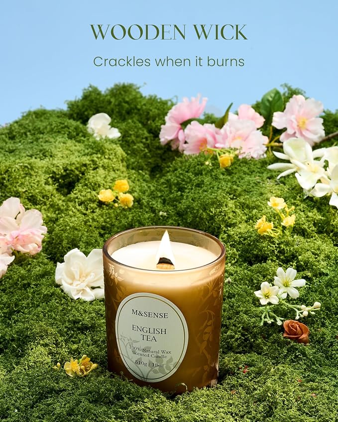 M&SENSE English Tea Soy Candle, Cracking Wooden Wick 18oz | 100 Hours Long Lasting, Clean Burn, Summer Aromatherapy, Non-Toxic, Relaxing Gifts For Women