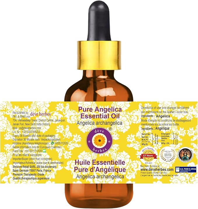 Deve Herbes Pure Angelica Essential Oil (Angelica archangelica) with Glass Dropper Natural Therapeutic Grade Steam Distilled 50ml (1.69 oz)