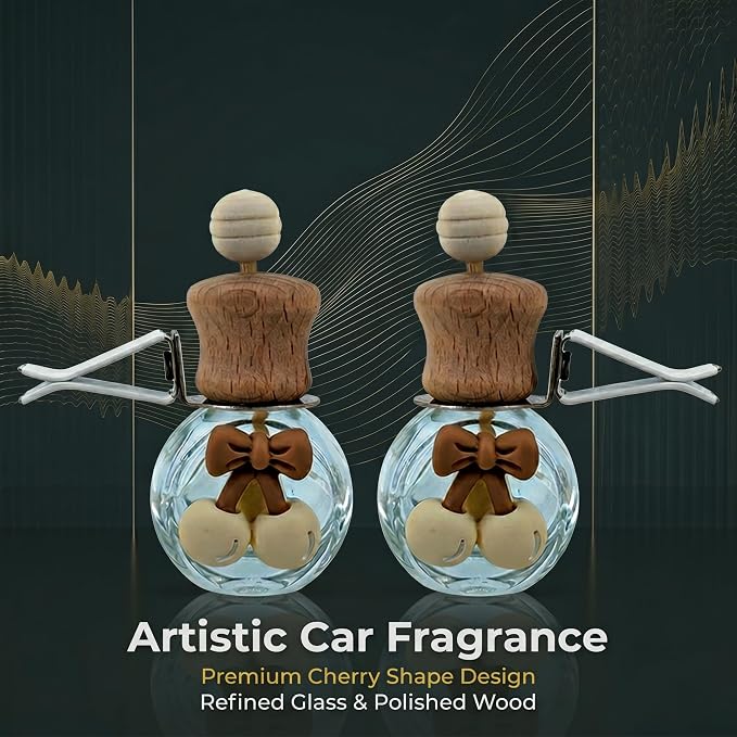 2 Pack Bow Refillable Car Vent Clip Diffuser Empty Glass Bottle | Wood cap aroma bottle with dropper, DIY essential oil freshener for car closet home bathroom