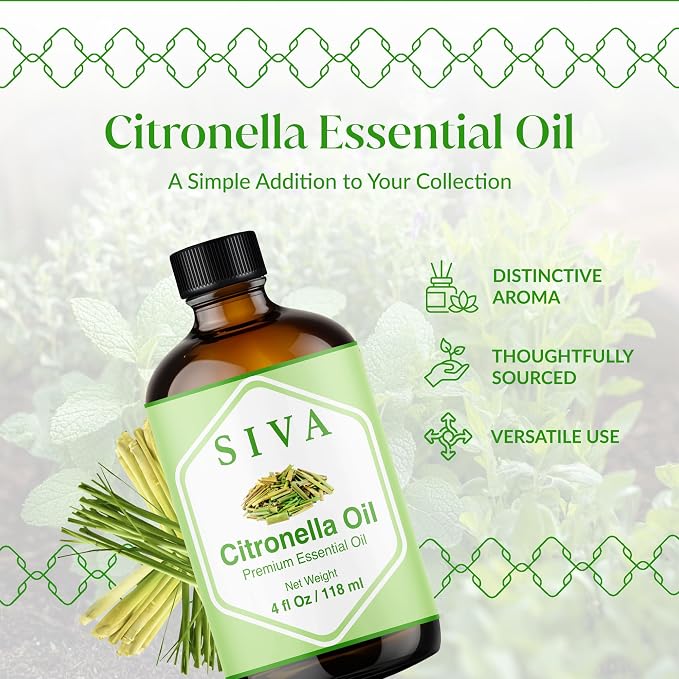 Siva Citronella Essential Oil 4 Fl Oz – for Diffuser, Skin & Hair Care – Ideal for Aromatherapy, Massage & DIY Blends- with Dropper