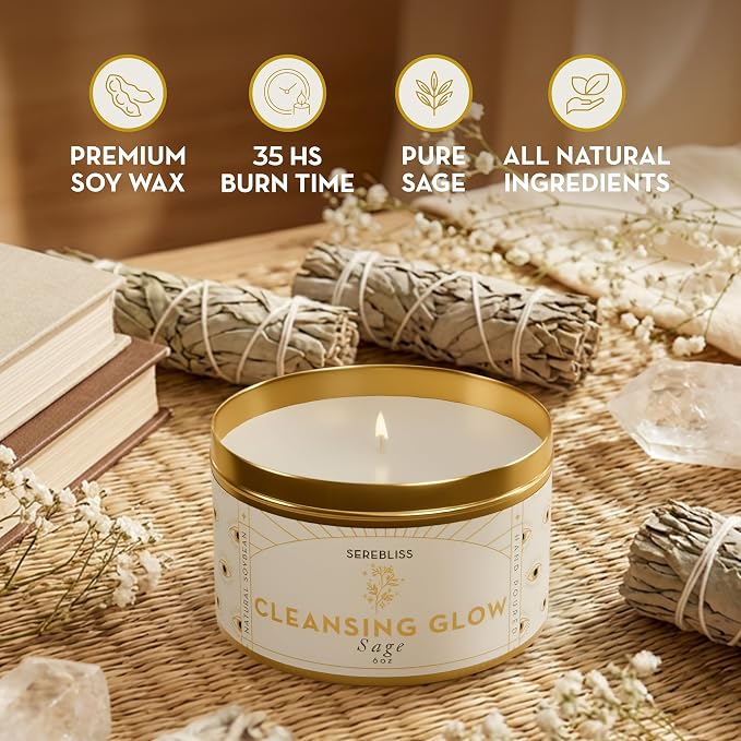 Sage Smudge Candle for Cleansing — 6oz Gold Tin Soy Candle, White Sage Scented, Smokeless Smudge Alternative for Manifestation, Protection, Meditation, Positive Energy & Spiritual Gifts