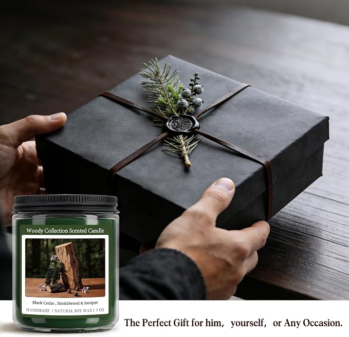 Homsolver Sandalwood Scented Candle, Natural Soy Candles with 50+ Hour Burn, 7oz Black Cedar & Sandalwood with Juniper Jar Candle, Woody Aroma for Home, Bedroom, Office, Calm and Grounded Fragrance
