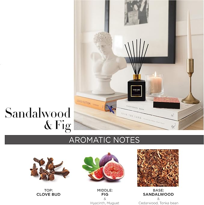 Touche Luxury Natural Reed Diffuser. Long Lasting Scented Home Fragrance. Natural Essential Oil Alcohol-Free. 4.75 OZ. Glass Bottle (Fig & Sandalwood - Black Bottle)