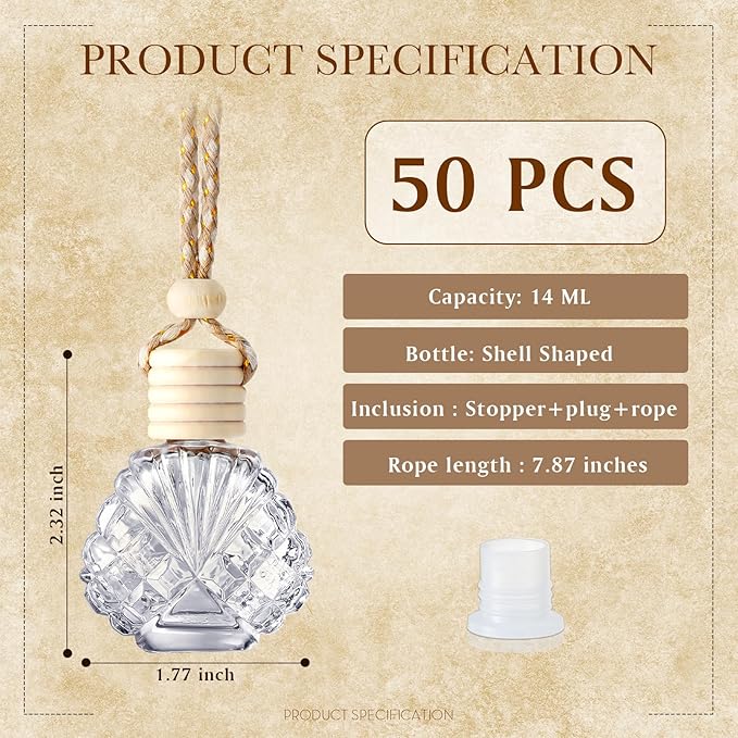 BBTO 50 Pcs Hanging Car Air Freshener Car Diffuser Bottles Empty Glass Perfume Bottle Freshener Diffuser Bottle Pendant for Essential Oil Fragrance Aromatherapy Ornament(Shell)
