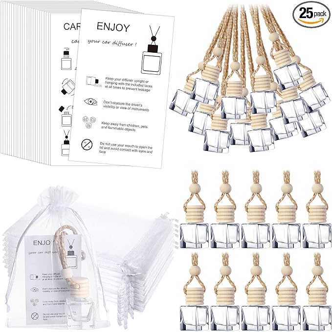 Boao 25 Sets Hanging Car Air Freshener Diffuser Bottles Empty Bulk with Car Diffuser Instruction Cards Organza Bags Glass Refillable Essential Oil Fragrance Aromatherapy Pendant (Cube, Clear)