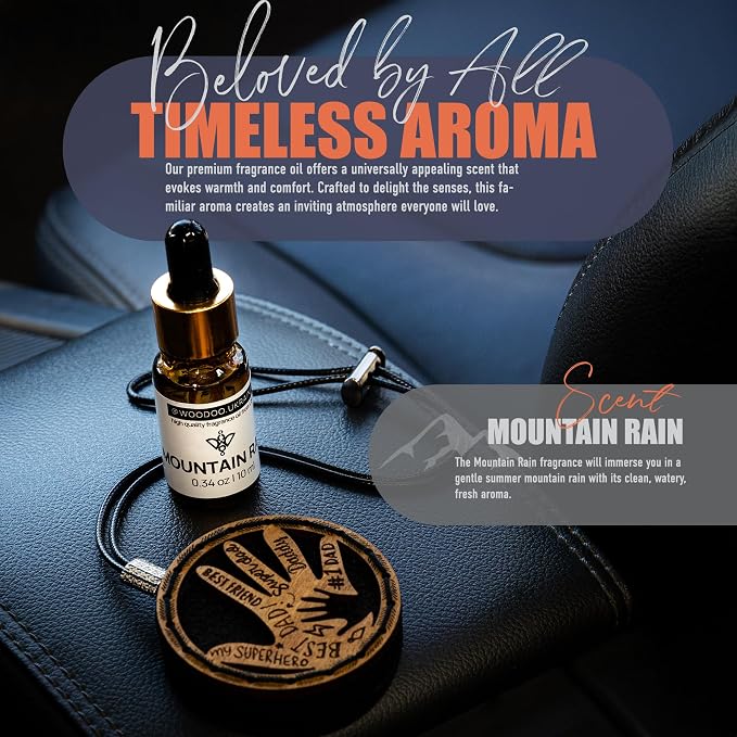 Handmade Wood Car Air Freshener — Father’s Hands Designed Refillable Essential Oil Diffuser — Long Lasting Mountain Rain Fragrance Oil 10 ml — Car Accessories Gift Box