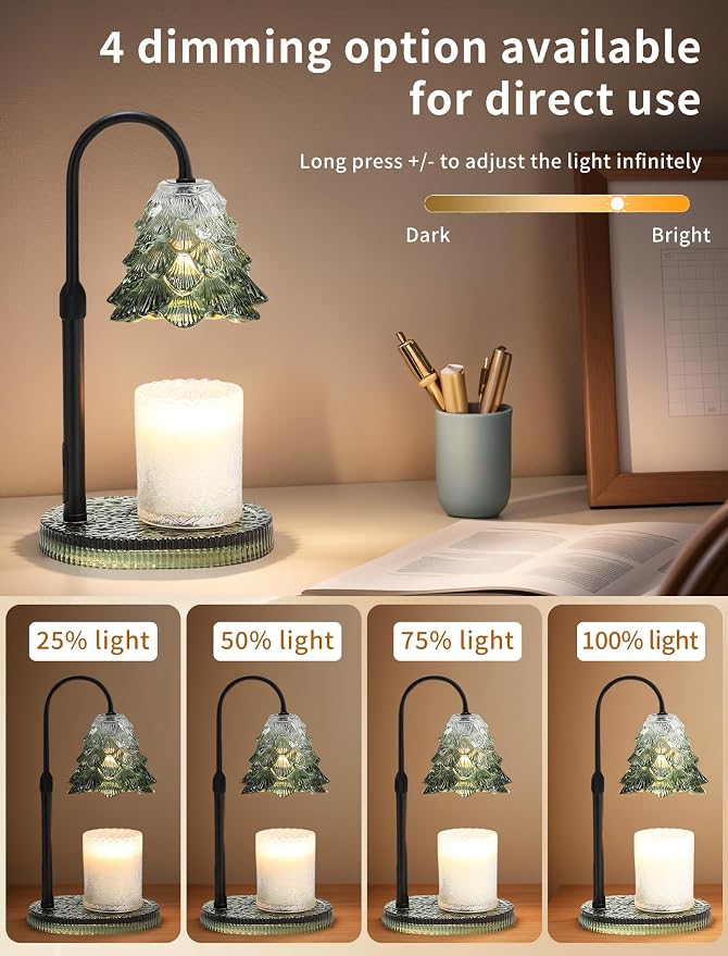 Candle Warmer Lamp with Timer & Dimmer, Crown Glass Lamp Candle Warmer for Jar Candles, 2 Bulbs, Height Adjustable Electric Wax Warmer for Elegant Home Decor (Evergreen Glow)