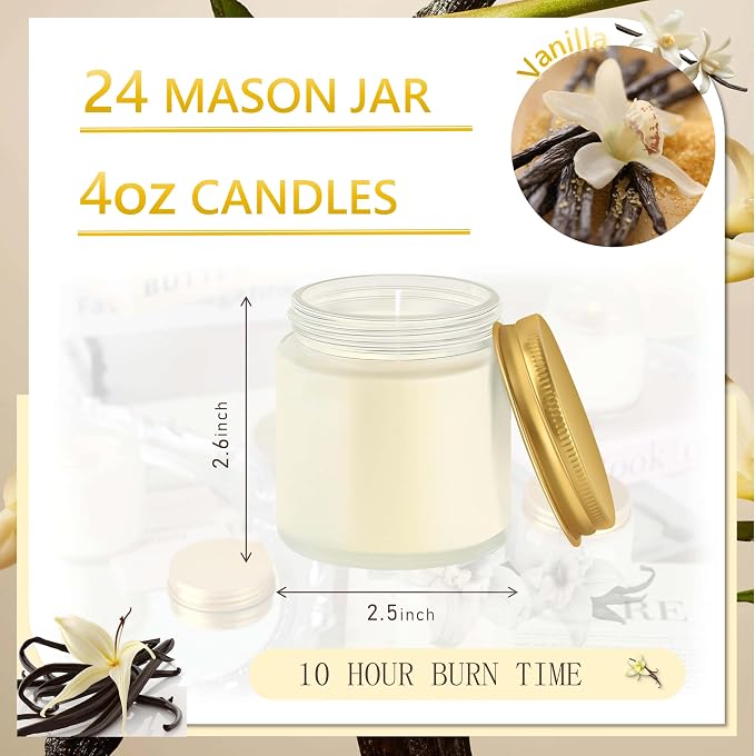 24 Pcs 4 Oz Mason Jar Candles, Vanilla Scented Soy Candles Bulk Set for Stress Relief and Relaxation, Great Favors for Wedding, Christmas, Housewarming Gifts (Gold,Frosted Glass, Vanilla, 24)