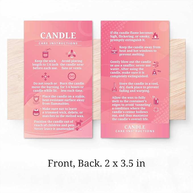 100 pack - Premium Handmade Candle Care Instruction Cards Pink 2x3.5 in, Small Business | Soy Bees Wax Melt, Candle Makers, Making Supplies Kit Set, Containers, Jars, Pot, Package