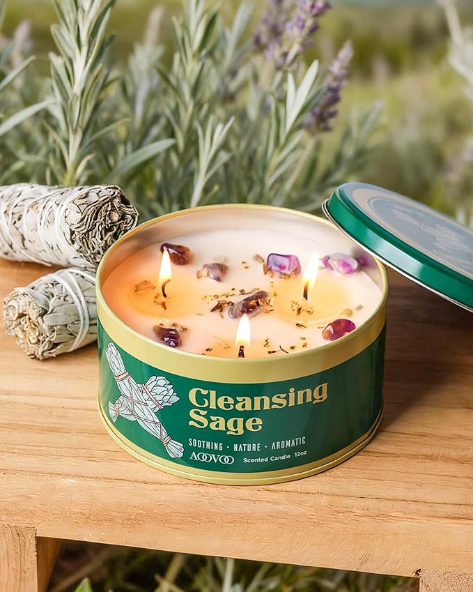 AOOVOO Sage Candle for Cleansing - 3 Wick 12oz Large Scented Candle with Crystals & Sage Leaves Inside, Soy Candles Non Toxic for Meditation Spiritual Gift, Aromatherapy Candle for Women Men