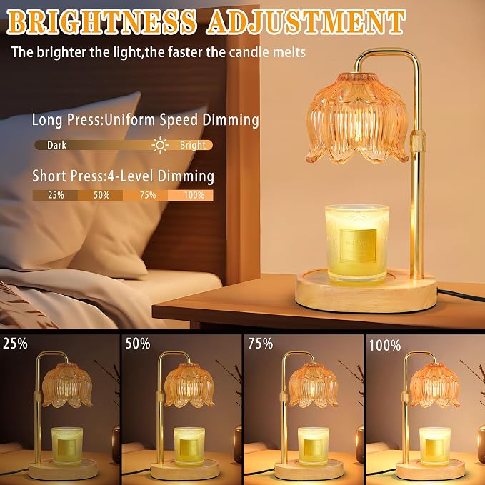 Candle Warmer Lamp with Timer Dimmer, Adjustable Height Candle Wax Warmer, Christmas Birthday Gift for Mom Women,House Warming Gifts for New Home Bedroom Decor,(Lotus Flower-Amber)