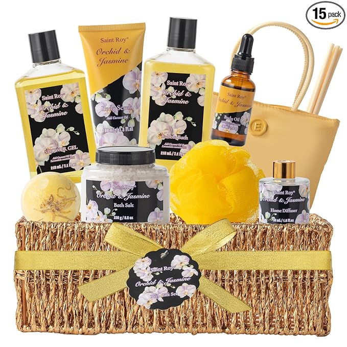 Spa Kit Gifts for Women Gift Basket, 15Pcs Bath and Body Spa Gift Basket | Home Spa Self Care with Purse Handbag, Relaxing Pampering Care Kit Orchid Jasmine Gifts for Birthday, Mom, Anniversary