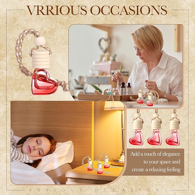 50 Pcs 6ml Hanging Car Diffuser Bottle Empty Glass Perfume Air Freshener Heart Love Container Diffuser Pendant Wedding Essential Oil Fragrance Aromatherapy Ornament (Red)