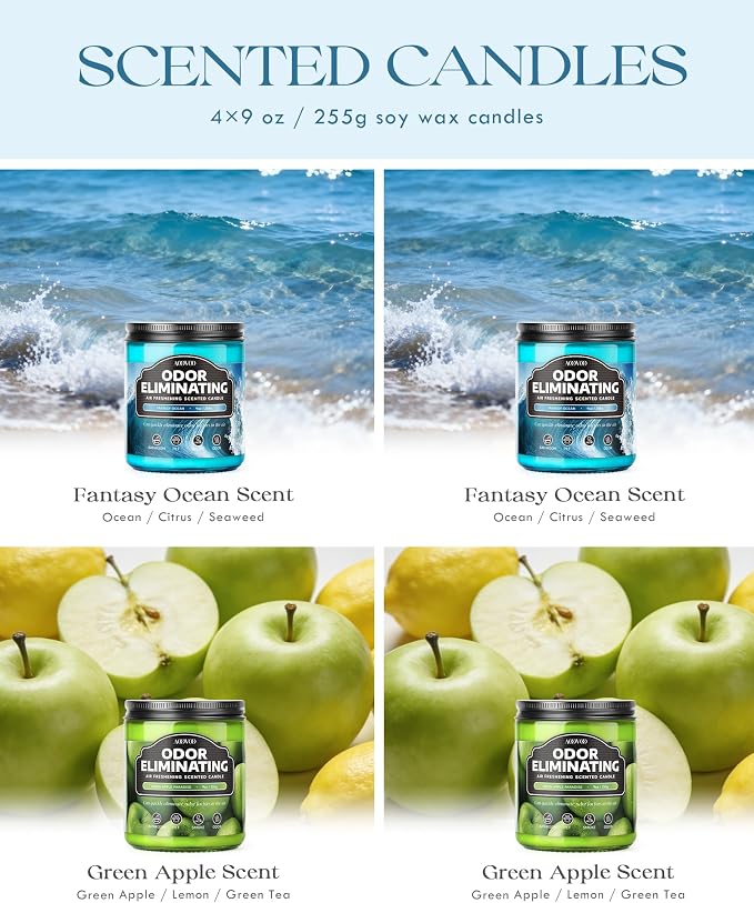 AOOVOO 4 Pack Fantasy Ocean/Green Apple Odor Eliminating Highly Fragranced Candle - Eliminates 95% of Pet, Smoke, Food, and Other Smells Quickly, Non Toxic Air Freshing Soy Candle