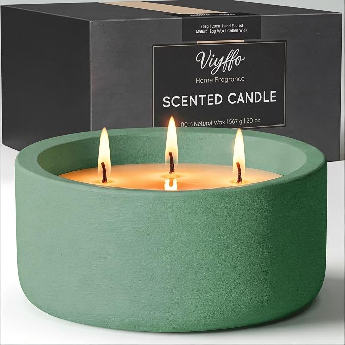 Viyffo 20oz Large Scented Candle Indoor - Citrus & Mint, 3 Wick Non Toxic Soy Candles for Women & Men, Green Ceramic Jar Candle for Patio, Bathroom, Bedroom, Living Room, Kitchen, Home Décor & Gift