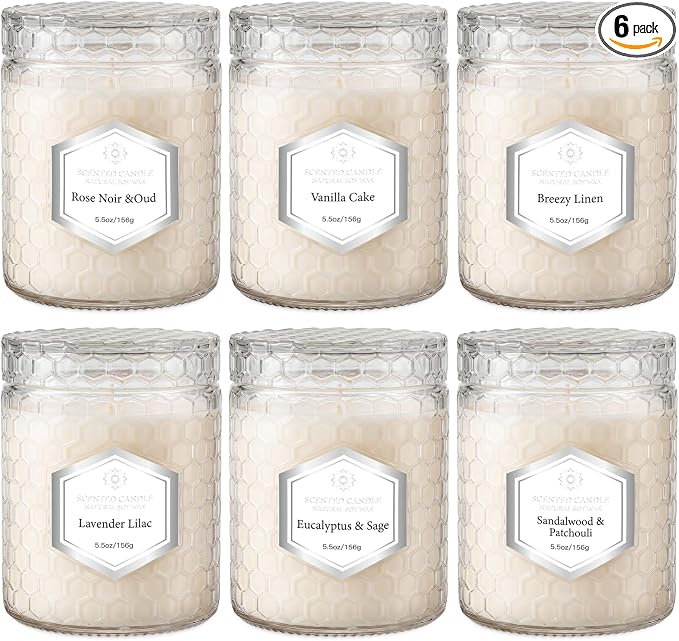 6 Pack Scented Candles for Home, Aromatherapy Gift Set for Women, Natural Soy Wax Jar, 33 oz 240 Hour Long Lasting, Birthday and Valentine's Day Gift, Flax Gray