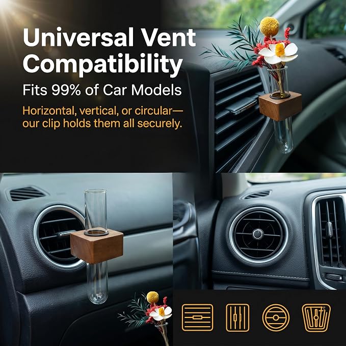 Car Vent Clip Bud Vase, Car Air Vent Propagation Vase Diffuser, Glass Tube Plants Ornamental Decoration, Universal for Horizontal, Vertical, Angled Outlets (Square Walnut)