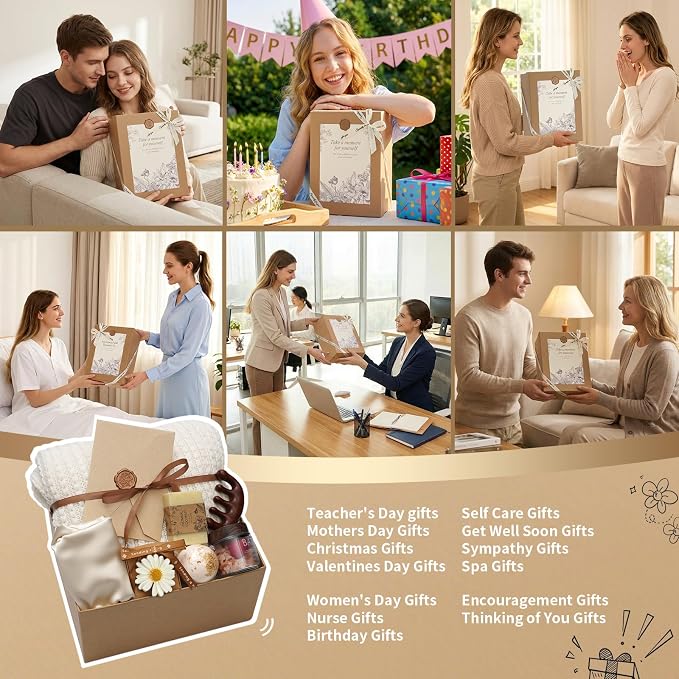 Self Care Gifts Baskets for Women, Spa Care Package for Women, Birthday Gift Get Well Soon Gifts Thinking of You Gift Basket Summer Home Spa Set with Bonnet & Massgae Comb for Mom Friends Her, Beige