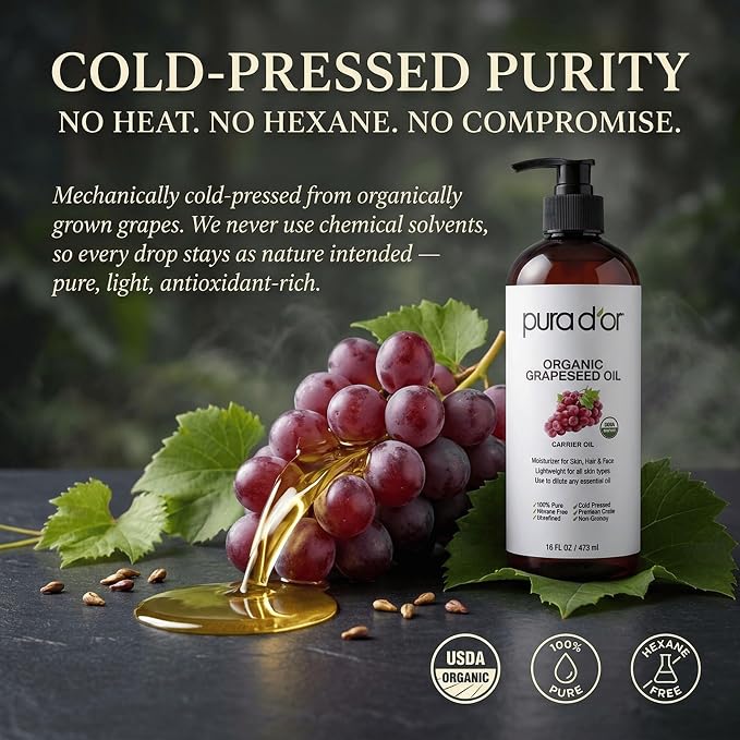 PURA D'OR ORGANIC Grapeseed Oil (16 Oz) 100% Pure & Natural USDA Certified Cold Pressed Carrier Oil For DIY Beauty - Unscented, Hexane Free Liquid Moisturizer - Face Skin & Hair
