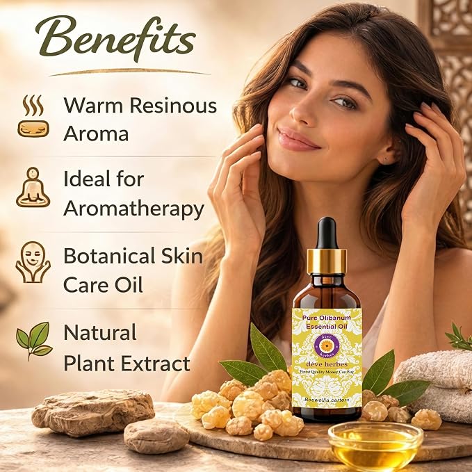 Deve Herbes Pure Olibanum Essential Oil (Boswellia carterii) Steam Distilled 10ml (0.33 oz)
