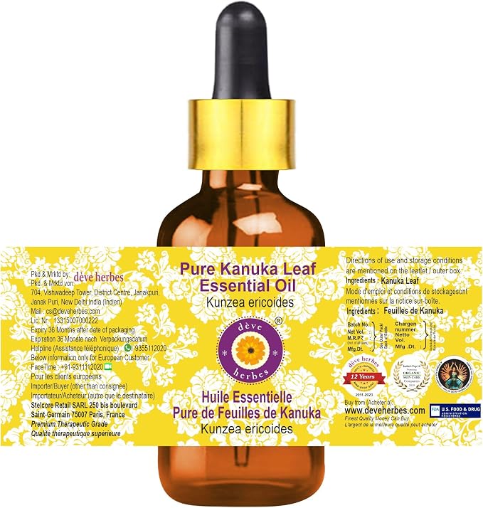 dève herbes Kanuka Essential Oil (Kunzea ericoides) with Glass Dropper Pure | Non-Sticky | Non-Greasy | Lightweight | Men & Women | All Skin Types | Steam Distilled 5ml X 2 (0.33 oz)