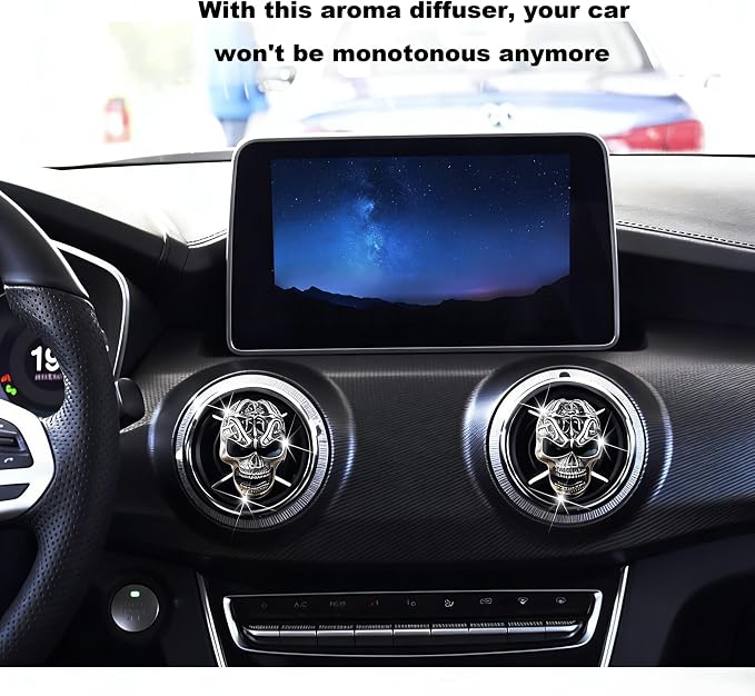2Pcs Gothic Skull Car Vent Clip Freshener with Cotton Scent Pads | Alloy skull vent diffuser removes odors, suitable for car bathroom Halloween decorative gifts